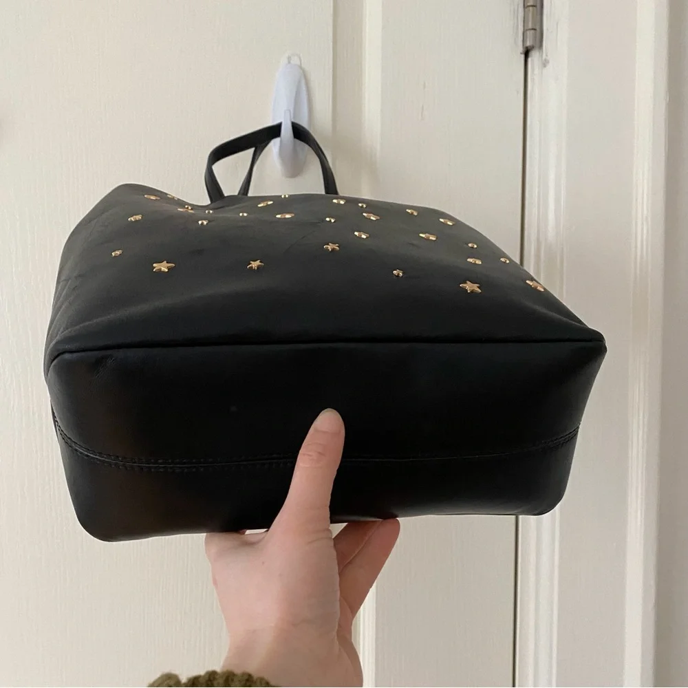 $398 Tory Burch Fleming Black Lambskin Leather Gold Star Studs Satchel Tote Bag